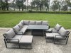 Fimous Aluminium Adjustable Rising Lifting Dining Table Sofa Set 11 Seat Aluminium Garden Furniture Sets with 3 Footstools 2 Chairs Dark Grey