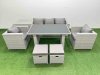 Fimous Patio Garden Furniture Sets with Black Glass Top Dining Table Armchair 3 Seater Sofa Side Table 2 Small Stool Light Grey