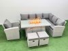 Fimous 9 Seat Rattan Garden Furniture Corner Sofa Set Outdoor Gas Fire Pit Table Set with 2 Small Footstools Light Grey