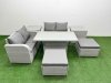 Fimous 6 Seater Outdoor Love Sofa Set Rattan Garden Furniture Set with Adjustable Lifting Dining or Coffee Table 2 Footstool 2 Side Tables Light Grey