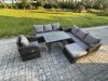 Fimous Outdoor Lounge Sofa Set Wicker PE Rattan Garden Furniture Set with Rectangular Dining Table Reclining Chair Big Footstool Dark Grey Mixed