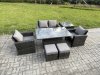 Fimous Outdoor Garden Dining Sets 6 Seater Rattan Patio Furniture Sofa Set with Rising Lifting Table Side Table 2 Small Footstools Dark Grey Mixed