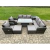 Fimous Rattan Outdoor Garden Furniture Sets Height Adjustable Rising lifting Dining Table Reclining Chair Sofa Set with Side Tables 2 Big Footstools Dark Grey Mixed