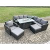 Fimous 9 Seater Wicker Rattan Garden Furniture Set Gas Fire Pit Dining Table Reclining Chair 3 Seater Sofa Set Indoor Outdoor with Side Table 2 Big Footstool