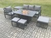 Fimous Aluminium 7 Pieces Garden Furniture Sofa Set with Cushions Gas Fire Pit Dining Table Set with 3 Footstools Side Table Dark Grey