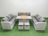 Fimous PE Rattan Lounge Sofa Set 11 Seater Outdoor Garden Furniture Set with Firepit Dining Table 3 Seater Sofa 2 Stools Side Table Light Grey