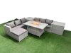 Fimous 7 Seat PE Rattan Lounge Sofa Set Outdoor Garden Furniture Set with Firepit Dining Table 3 Seater Sofa Big Stool 2 Side Tables Light Grey
