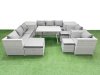 Fimous 11 Seater Garden Furniture Set PE Ratten Garden Sofa Set with Rectangular Dining Table 3 Stool 2 Side Tables Light Grey