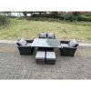 Fimous Rattan Outdoor Furniture Adjustable Rising Lifting Rectangle Dining Table Chairs Two Seater Love Sofa Sets Footstools 6 Seater