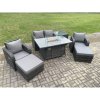 Fimous Rattan Garden Furniture Set Outdoor Patio Gas Fire Pit Dining Table and Chairs with Love seat Sofa 2 Footstools Side Table