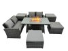 Fimous Outdoor Love Sofa Set 6 Seat Rattan Garden Furniture Set with Gas Firpit Dining Table 2 Big Footstools 2 Side Table Dark Grey Mixed
