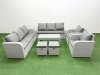 Fimous PE Rattan High Back Lounge Sofa Set Patio Oblong Coffee Table & Chairs Set with 3 Seater Sofa Reclining Chair Stools Side Table Light Grey
