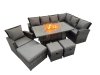 Fimous Outdoor Furniture Garden Dining Set Rattan Corner Sofa Chair Set Gas Fire Pit Table with Temper Glass 3 Footstools Dark Grey Mixed