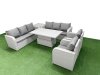 Fimous PE Rattan High Back Lounge Sofa Set Patio Adjustable Lifting Dining or Coffee Table & Chairs Set with 3 Seater Sofa Reclining Chair Side Table Light Grey