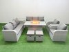 Fimous PE Rattan High Back Lounge Sofa Set Patio Firepit Dining Table & Chairs Set with 3 Seater Sofa Reclining Chair Stools Side Table Light Grey