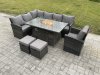 Fimous Rattan Garden Furniture High Back Corner Sofa Gas Fire Pit Dining Table Sets Gas Heater with Armchair 2 Small Footstools 9 Seater Dark Grey Mixed