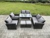 Fimous Rattan Garden Furniture Set Patio Outdoor Lounge Sofa Set with Rectangular Dining Table Double Seat Sofa 2 Small Footstools Dark Grey Mixed