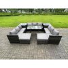 Fimous 11 Seater Wicker PE Rattan Outdoor Furniture Lounge Sofa Garden Dining Set with Dining Table 2 Side Tables 2 Big Footstools Dark Grey Mixed
