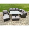 Fimous Rattan Outdoor Furniture Garden Dining Set Patio Height Adjustable Rising lifting Table Reclining Chair Sofa With Side Table 3 Footstools Dark Grey Mixed