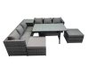 Fimous 8 Seater Outdoor Corner Sofa Dining Table Set Garden Rattan Furniture Set with Side Table 2 Big Stool Dark Grey