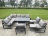 Fimous 8 Pieces Aluminium Garden Furniture Sets with Adjustable Rising Lifting Dining Table,Chair 9 Seater Corner Sofa Set Dark Grey