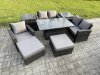 Fimous 7 Seater Outdoor Rattan Patio Furniture Set Garden Height Adjustable Rising Lifting Table Sofa Dining Set with 2 Side Tables 2 Big Footstool Dark Grey Mixed