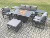 Fimous Aluminium Outdoor Garden Furniture Set Gas Fire Pit Dining Table Set Gas Heater Burner with 2 Arm Chair 2 Side Tables Big Footstool Dark Grey 6 Seater