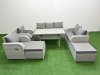Fimous PE Rattan Garden Furniture Set Reclining Chair Sofa Double Love Seat 2 Seater Sofa Lounge Set Rectangular Dining Table 2 Big Footstool Light Grey