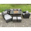 Fimous 8 Seater Wicker PE Rattan Garden Furniture Set Gas Fire Pit Dining Table Gas Heater Burner With 2 Armchairs Side Tables Footstools Dark Grey Mixed