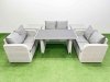Fimous 6 Seater Patio Garden Furniture Sets with Black Glass Top Dining Table Love Sofa 2 Side Tables Light Grey