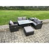 Fimous Lounge Rattan Sofa Set Outdoor Garden Furniture Oblong Rectangular Dining Table With Chairs Big Footstool Side Table Dark Grey Mixed