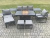 Fimous Aluminium Patio Outdoor Garden Furniture Lounge Sofa Set Gas Fire Pit Dining Table with 2 Side Tables 3 Footstools Dark Grey