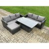Fimous Outdoor Rattan Garden Furniture Sets Height Adjustable Rising lifting Dining Table Sofa Set with Big Footstool Dark Grey Mixed