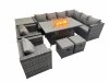 Fimous Garden Rattan Furniture Set 10 Seater Outdoor Corner Sofa Chair Gas Firepit Dining Table Set with 2 Small Stools Side Table Dark Grey