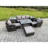 Fimous Rattan Wicker Garden Furniture Patio Conservatory Sofa Set with Rectangular Dining Table Reclining Chair 3 Seater Sofa 3 Footstools 2 Side Tables 8 Seater