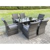 Fimous Outdoor Rattan Garden Furniture Dining Set Table And Chair Set Wicker Patio 6 Chairs Plus Black Tempered Glass Rectangular Table