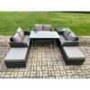 Fimous Outdoor Rattan Garden Furniture Lounge Sofa Set With Oblong Rectangular Dining Table 2 Big Footstool Side Table
