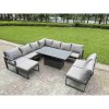 Fimous 10 Pieces Aluminium Garden Furniture Set with Cushions, Patio Furniture Set with Adjustable Rising Lifting Dining Table 2 Small Footstools Dark Grey