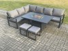 Fimous Aluminium Patio Outdoor Garden Furniture Corner Sofa Set Gas Fire Pit Dining Table with 2 Small Footstools Dark Grey