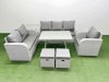 Fimous Rattan High Back Lounge Sofa Set Patio Dining Table & Chairs Set with 3 Seater Sofa Reclining Chair Side Table 2 Small Stool Light Grey