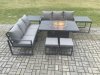 Fimous Aluminium 8 Seater Outdoor Garden Furniture Lounge Sofa Set Gas Fire Pit Dining Table with 2 Small Footstools 2 Side Tables Dark Grey