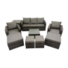 Fimous 3 Seater Sofa Reclining Chair Coffee Table Set Rattan Garden Outdoor Furniture Set with Side Table 4 Stools Dark Grey Mixed