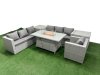 Fimous 7 Seat PE Rattan Lounge Sofa Set Outdoor Garden Furniture Set with Firepit Dining Table 3 Seater Sofa 2 Side Tables Light Grey