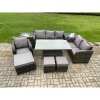 Fimous Rattan Outdoor Furniture Garden Dining Set Patio Height Adjustable Rising lifting Table Reclining Chair Sofa With 2 Side Tables 3 Footstools Dark Grey Mixed