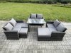 Fimous Outdoor Lounge Sofa Set Wicker PE Rattan Garden Furniture Set with Rectangular Dining Table 2 Seat Sofa 3 Footstools Dark Grey Mixed