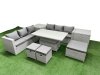 Fimous 8 PCs Rising Dining Table Set Rattan Furniture Set with 3 Seater Sofa 3 Footstools 2 Side Tables Light Grey