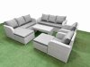 Fimous PE Rattan High Back Lounge Sofa Set Patio Oblong Coffee Table & Chairs Set with 3 Seater Sofa Reclining Chair 2 Big Footstool Light Grey