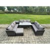 Fimous Patio Rattan Garden Furniture Set with Oblong Rectangular Dining Table Big Footstool Side Table 10 Seater Outdoor Lounge Sofa Set Dark Grey Mixed