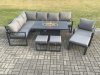 Fimous Aluminium 9 Pieces Garden Furniture Corner Sofa Set with Cushions Gas Fire Pit Dining Table Set with Chair 3 Footstools Dark Grey