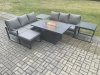 Fimous Aluminium 7 Seater Outdoor Garden Furniture Lounge Sofa Set Gas Fire Pit Dining Table with Big Footstool 2 Side Tables Dark Grey